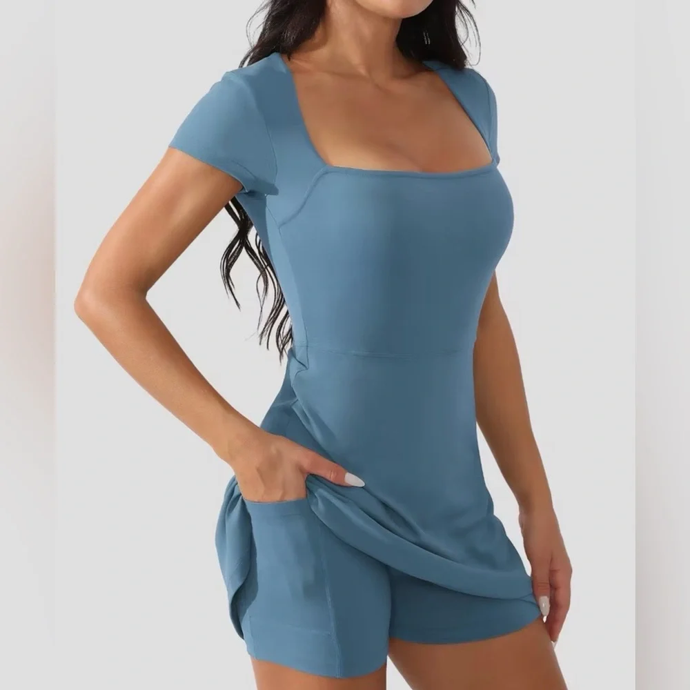 Medium Peacock Blue Women's Tennis Dress w/ pockets/ fitted/ skorts/ athletic - Picture 12 of 15